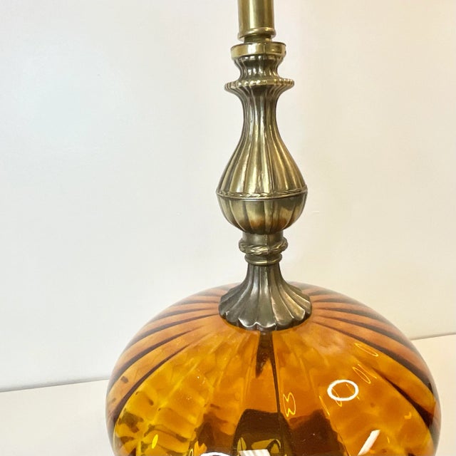American Mid Century Boho Chic Arts & Crafts Amber Glass and Brass Table Lamp For Sale - Image 3 of 10