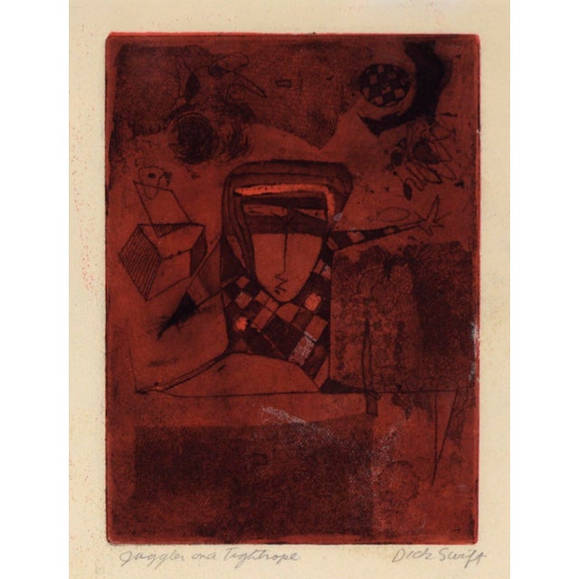 "Juggler on a Tightrope" Etching in Ink on Paper Playful etching of a performer by Dick Swift (American, 1918-2010). A...