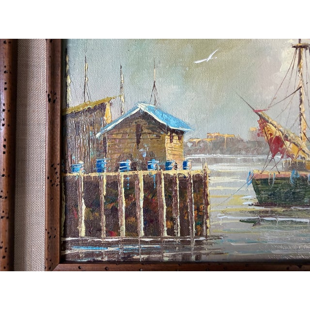 1960s Vintage Coastal Harbor & Lighthouse Oil Painting on Plywood – Framed For Sale - Image 10 of 13