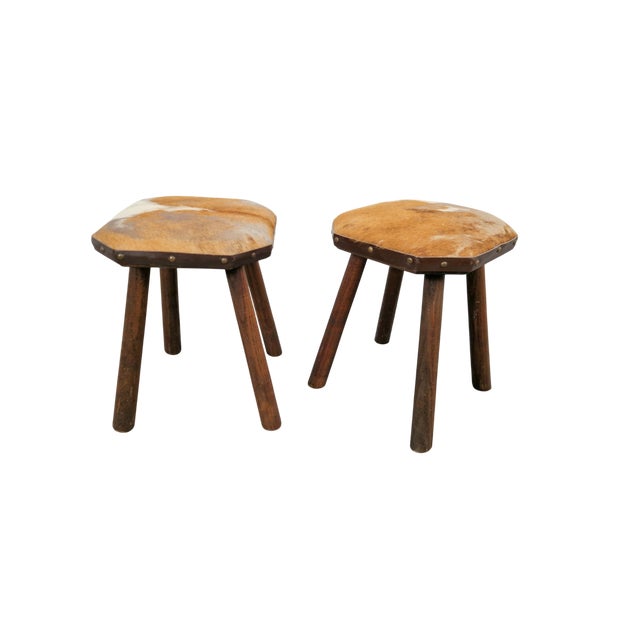 Vintage Milk Stools with Cowhide, 1950s, Set of 2 For Sale