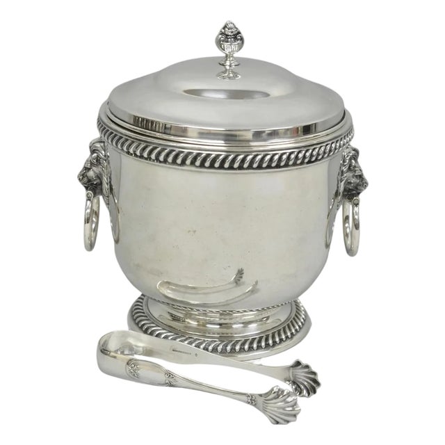 Antique English Regency Lion Head Silver Plated Covered Bar Ice Bucket For Sale