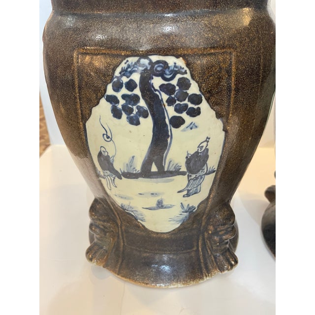 Pair Antique Chinese Brown Glaze With Blue & Withe Decor Garden Stools For Sale - Image 11 of 16
