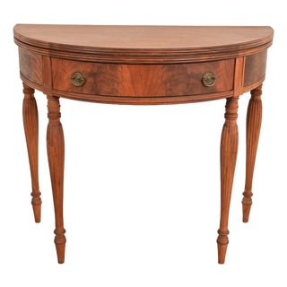 Baker Furniture Style Antique Federal Flame Mahogany Flip Top Demilune Console Game Table, Circa 1920s For Sale