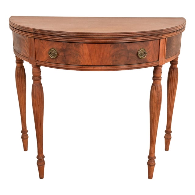 Baker Furniture Style Antique Federal Flame Mahogany Flip Top Demilune Console Game Table, Circa 1920s For Sale