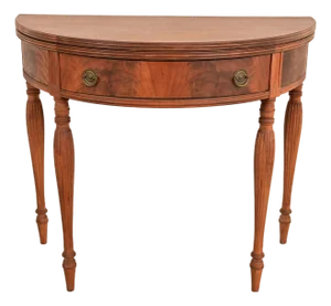 Baker Furniture Style Antique Federal Flame Mahogany Flip Top Demilune Console Game Table, Circa 1920s