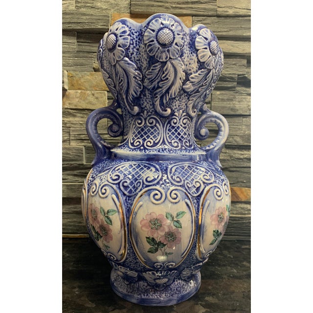 MidCentury Italian Blue and White Floral Embossed Ceramic Vase With