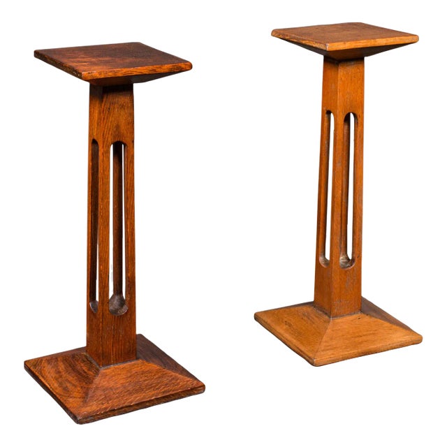 1900s Edwardian Pair of Antique Statue Stands, English, Oak, Pedestal, Torchere For Sale