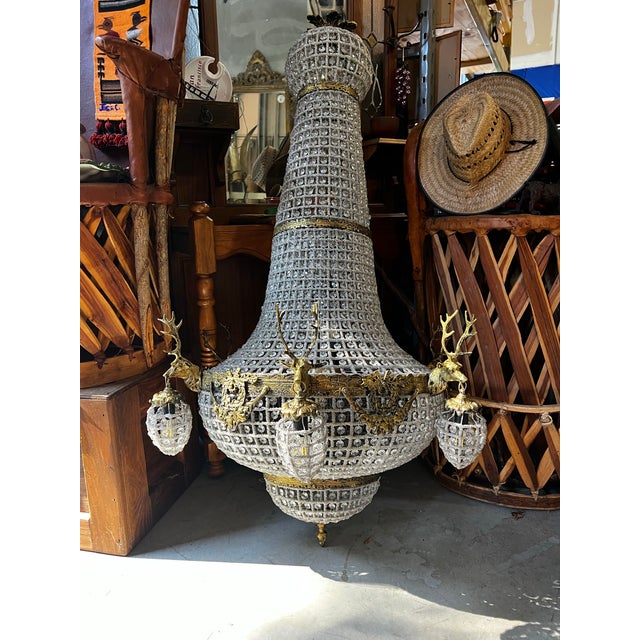 Vintage Extra Large Gold and Crystal Deer Head 18-Light Chandelier For Sale - Image 12 of 12