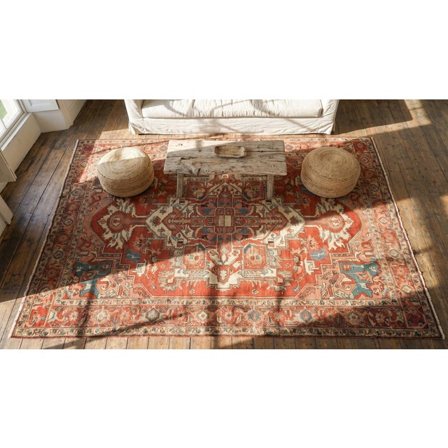 Textile Charming Red Background Color Geometric Design Antique Persian Heriz Serapi Rug For Sale - Image 7 of 9