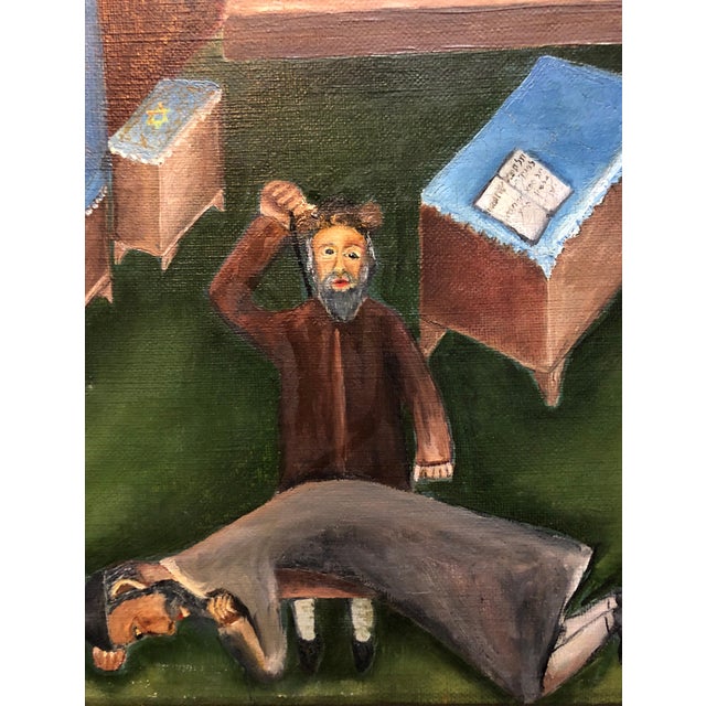 Mid 20th Century Yitzchak RomanIsraeli Judaica Folk Art Oil Synagogue Interior Malkos Lashes Erev Yom kippur, 1968 For Sale - Image 5 of 6