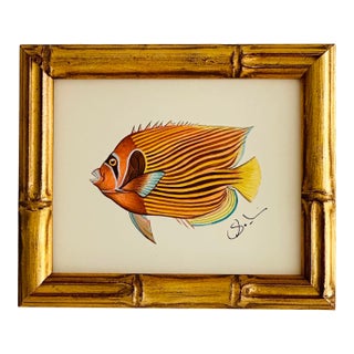Original Miniature Hand-Painted Fish Painting in Faux Bamboo, Framed For Sale