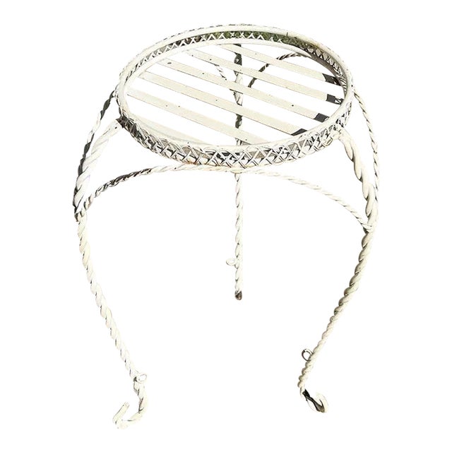 Mid Century Modern Round White Strapped Metal Plant Stand After Russell Woodard For Sale