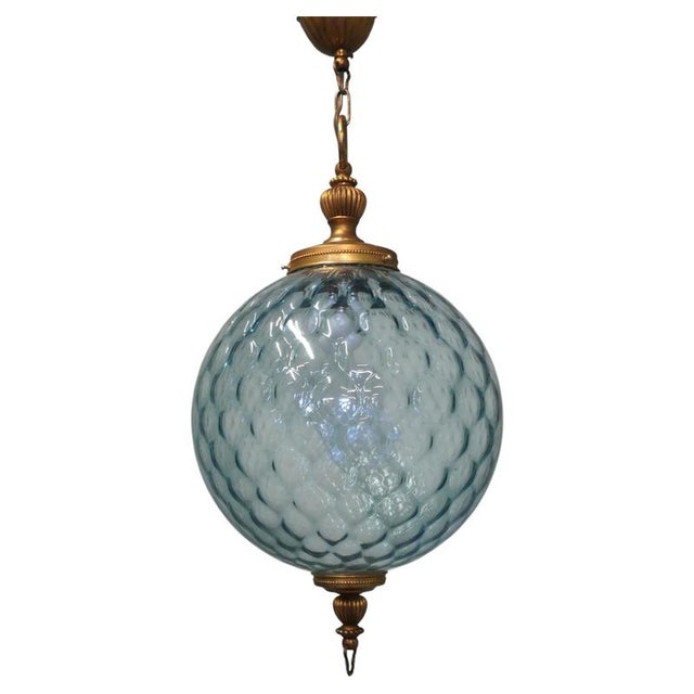 Glass Large French Pale Blue Dimple Globe Pendant Light, 1960 For Sale - Image 7 of 7