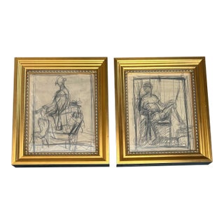 1940’s Two Original Giacometti Abstract Expressionist Style Pencil Drawings- Set of Two For Sale