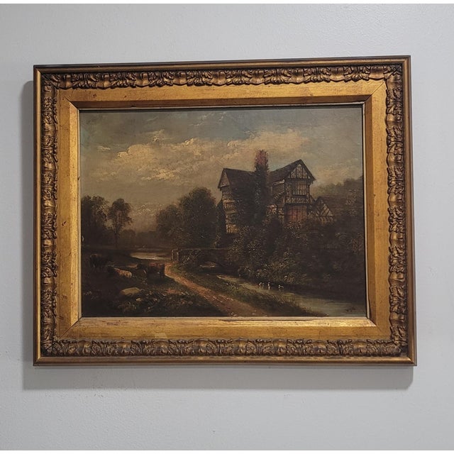 Antique Original Oil Painting English Tudor House Landscape by William Yale Circa 19th Century For Sale In Chicago - Image 6 of 12