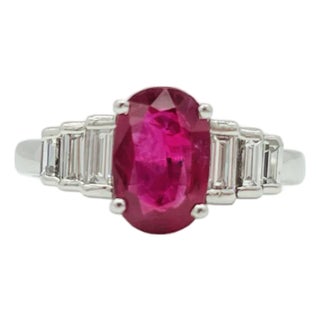 Heated Burma Purplish Red Ruby Oval and Baguette Diamond Ring, Size 9.25 in Platinum For Sale