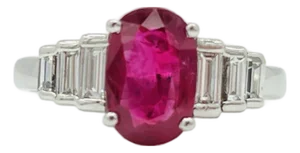 Heated Burma Purplish Red Ruby Oval and Baguette Diamond Ring, Size 9.25 in Platinum