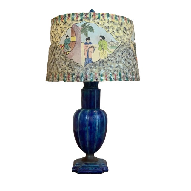 This is such a fabulous piece! The melon shape of lamp base picks up the blue glaze beautifully, along with the original...