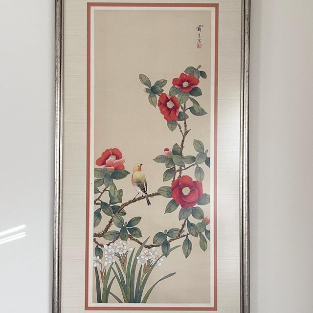 Beige 1970s Hand-painted silk panels Chinoiserie birds and flowering branches w/ glare-free glass stamped signed - Set of 2 Framed For Sale - Image 8 of 18