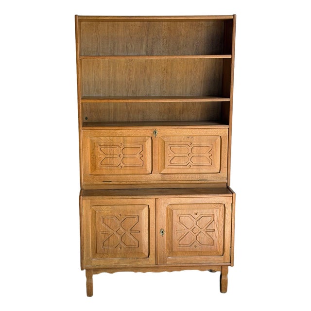 Vintage Danish Oak Secretary Cabinet in Style of Henning Kjærnulf Scandinavian Bookcase Hutch For Sale