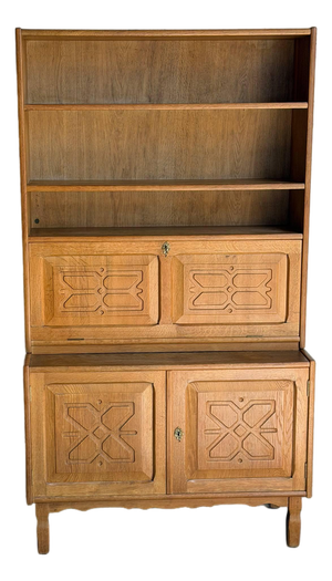 Vintage Danish Oak Secretary Cabinet in Style of Henning Kjærnulf Scandinavian Bookcase Hutch