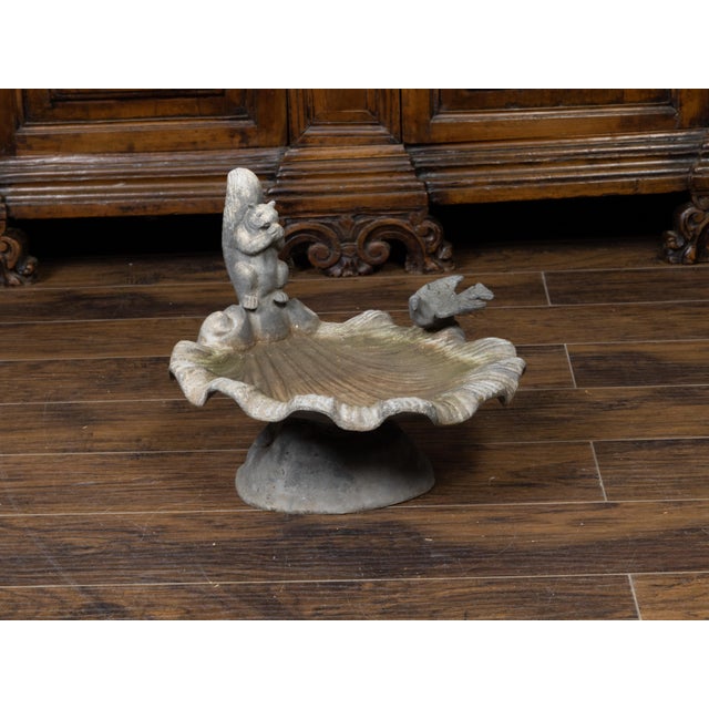 English Midcentury Lead Bird Bath Depicting a Shell with Squirrel and Bird For Sale In Atlanta - Image 6 of 10