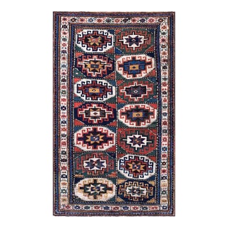 1890s Multicolor Tribal Grid Caucasian Kazak Moghan Rug 4'6" X 7' Handknotted Wool Carpet For Sale