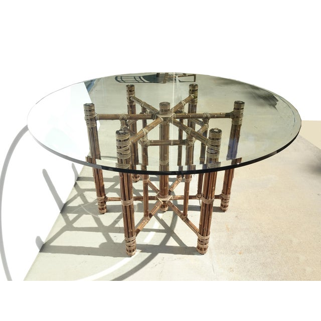 1970s Vintage McGuire Organic Modern Bamboo Rattan Round Dining Table W Leather Straps For Sale - Image 5 of 16