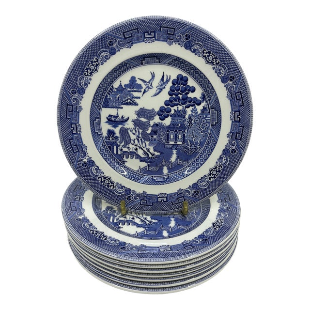 Late 20th Century Johnson Brothers England Blue Willow Dessert / Appetizer Plates - Set of 8 For Sale