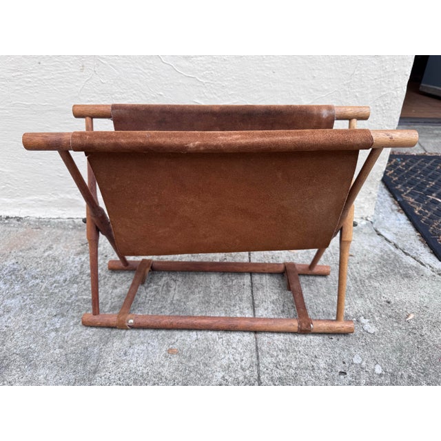 Mid-Century Modern Mid-Century Danish Teak Magazine Rack With Suede Sling, Folding X-Base, Scandinavian Modern, 1960s For Sale - Image 3 of 10