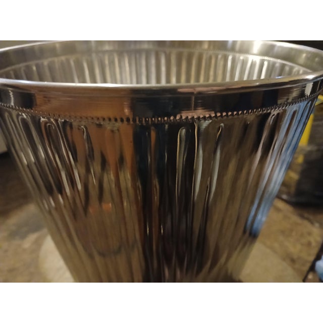 Contemporary Vintage 90s Chrome Plated Fluted Metal Trash Bin Wastebasket For Sale - Image 3 of 6
