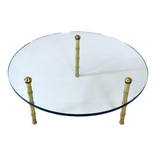 Mid-Century Round Glass, Brass Cocktail Table, Manner of Pepe Mendoza For Sale