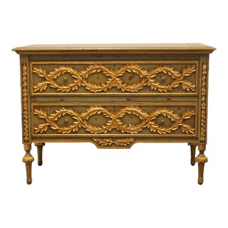 Furniture Classics Louis XVI French Provincial 48" Green and Gold Media Chest W. Gilt Ormolu Style Decoration For Sale