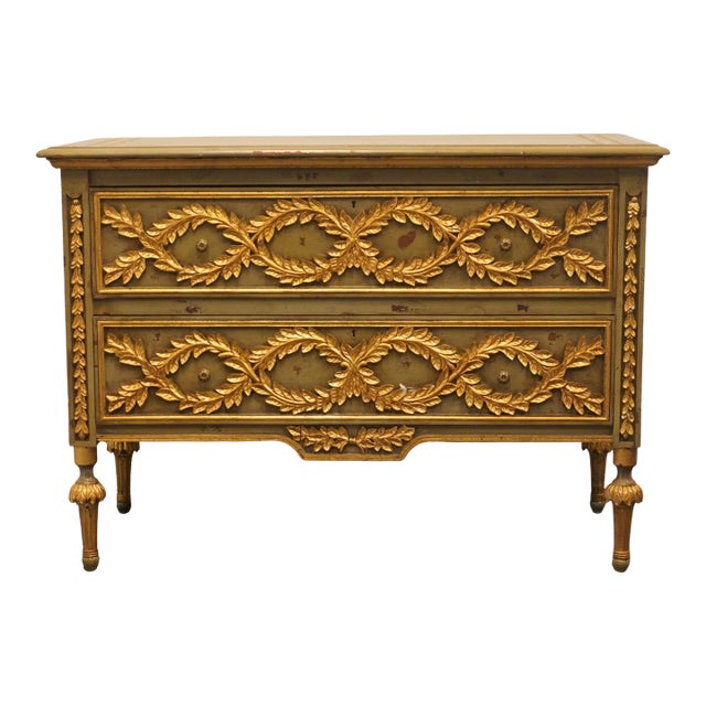 Furniture Classics Louis XVI French Provincial 48" Green and Gold Media Chest W. Gilt Ormolu Style Decoration For Sale