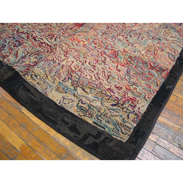 Attractive Multicolor Background and Black Border With Folk Art Style Antique American Hooked Rug For Sale In New York - Image 6 of 6