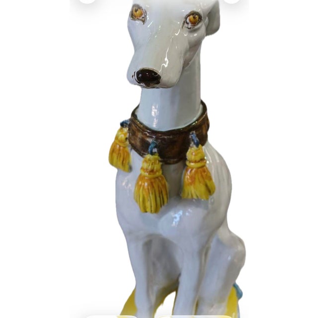 Ceramic Vintage Mid Century Modern Hollywood Regency Italian Majolica Ceramic Greyhound Statue For Sale - Image 7 of 9