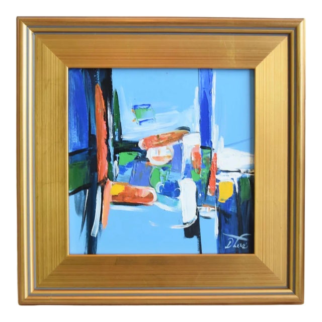 Modern Contemporary Colorful Abstract Oil Painting W/ Antiqued Gold Wood Frame For Sale