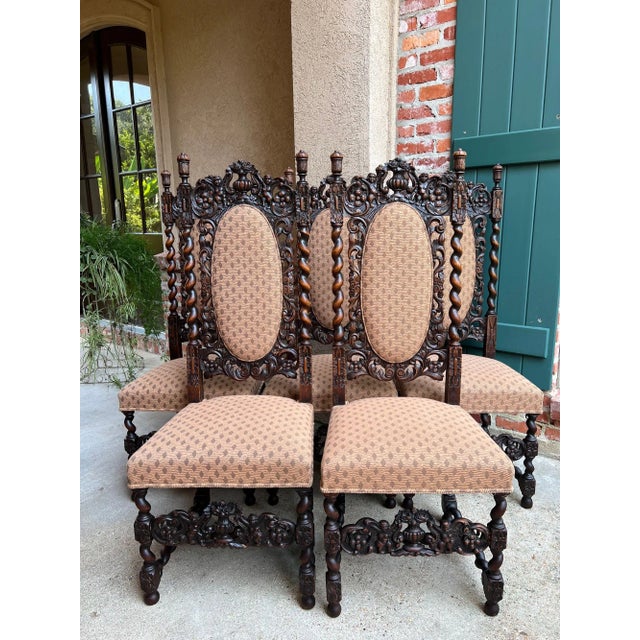 Set 4 Tall Antique French Dining Chairs Barley Twist Renaissance Carved Oak 1890 For Sale - Image 18 of 18