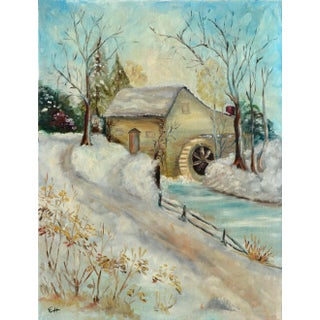 Early 20th Century "Snow Scene With Old Mill" Winter Landscape Painting by E. Harrison For Sale