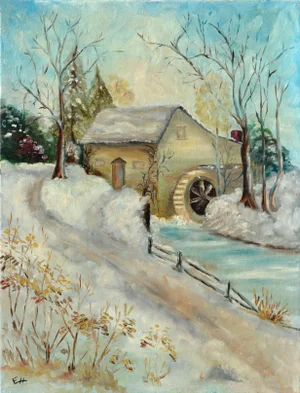 Early 20th Century "Snow Scene With Old Mill" Winter Landscape Painting by E. Harrison