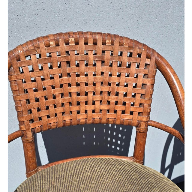 Pair of Vintage McGuire Bamboo Woven Leather Swivel Bar Stools Barstool For Sale In Los Angeles - Image 6 of 15