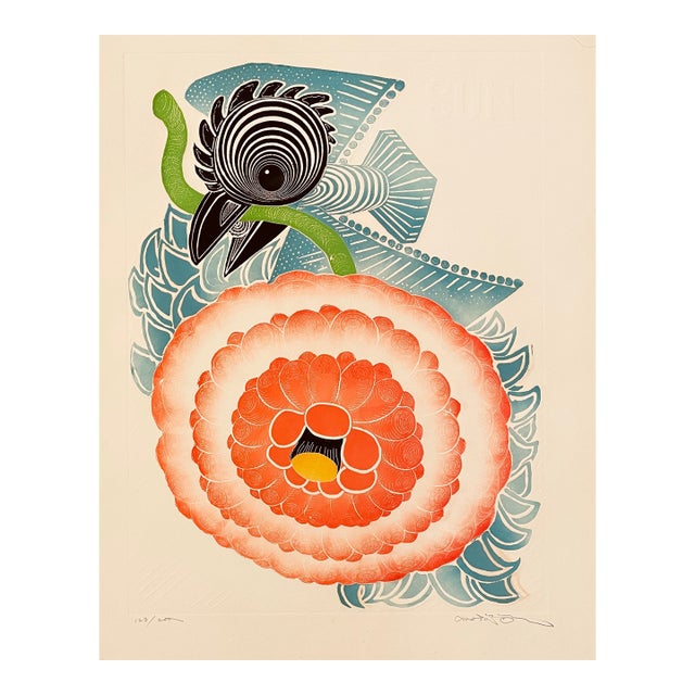 Motoi Oi Bird and Red Flower Large Modern Asian Etching For Sale