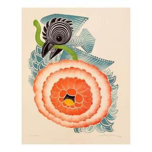 Motoi Oi Bird and Red Flower Large Modern Asian Etching