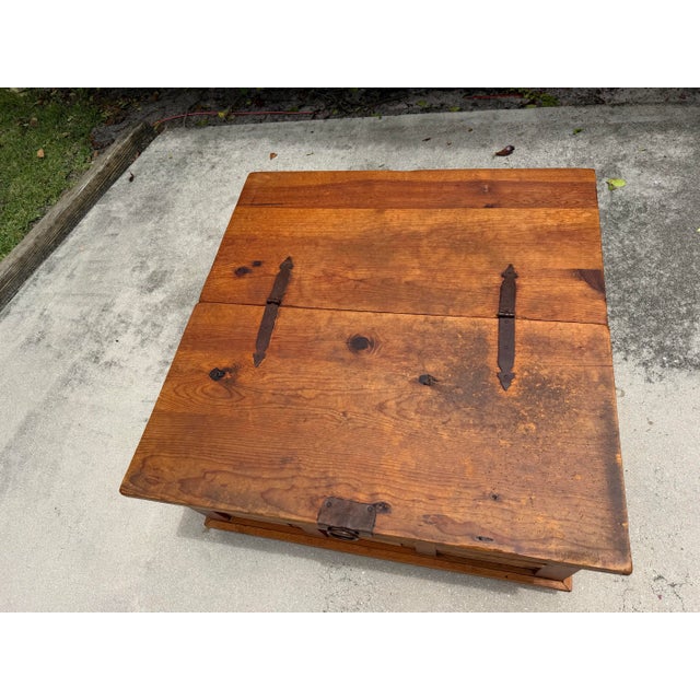 Wood Vintage 39” Square Mexican Rustic Pine Trunk Cocktail Table For Sale - Image 7 of 13
