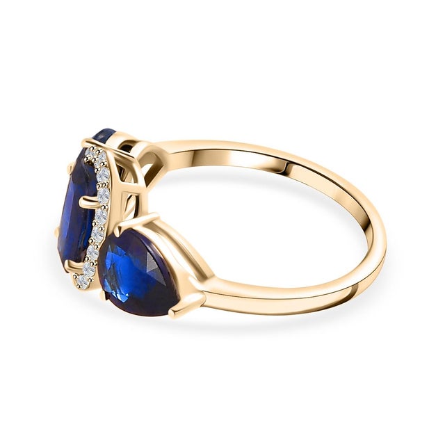 14k Gold Blue Sapphire Diamond Three Stone Ring Size 5 For Sale - Image 4 of 12