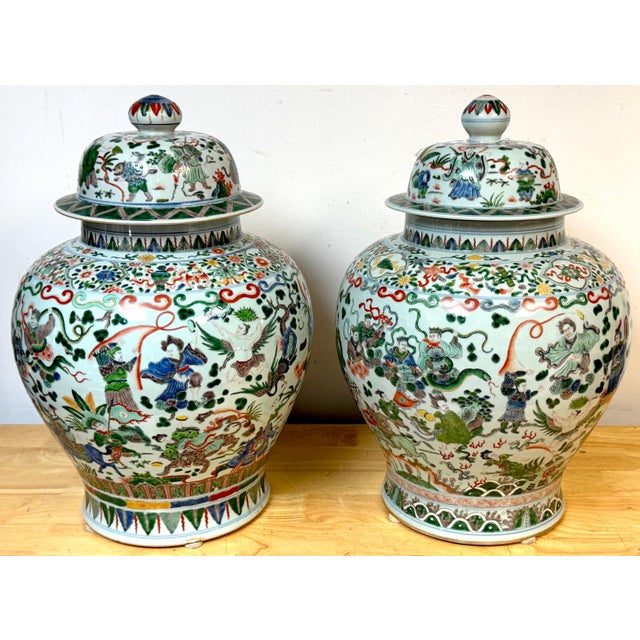 Pair Monumental Chinese Famille Verte Buddhist Ginger Jars, Late Qing Dynasty For Sale - Image 15 of 18