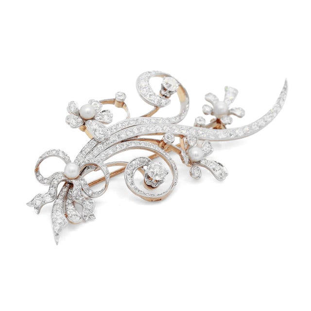 Mid-Century Modern 14k White & Yellow Gold, Diamond, & Pearl Floral Brooch For Sale In Philadelphia - Image 6 of 12