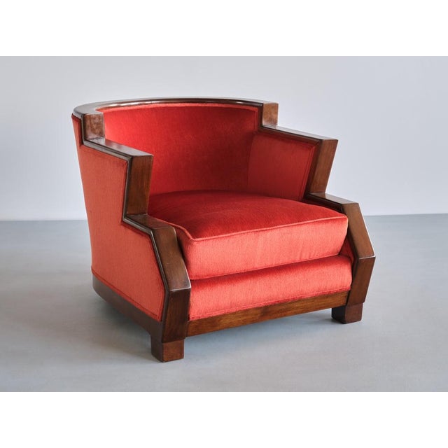 Art Deco Cubist Armchair in Vermilion Mohair Velvet and Maple, Belgium, 1920s For Sale - Image 14 of 17