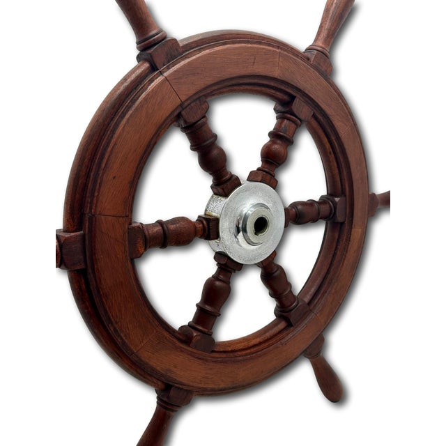 Fine Vintage Hand Made Large 25 Inch Authentic Mahogany & Rhodium Plated Brass Yacht - Ships Wheel - Mid 1900s For Sale - Image 14 of 18