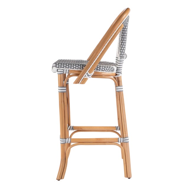 Lila Rattan 28 in. Seat Height Bar Stool with Back and Footrest, Gray/White Stripe/ Natural Rattan Frame For Sale In Chicago - Image 6 of 9
